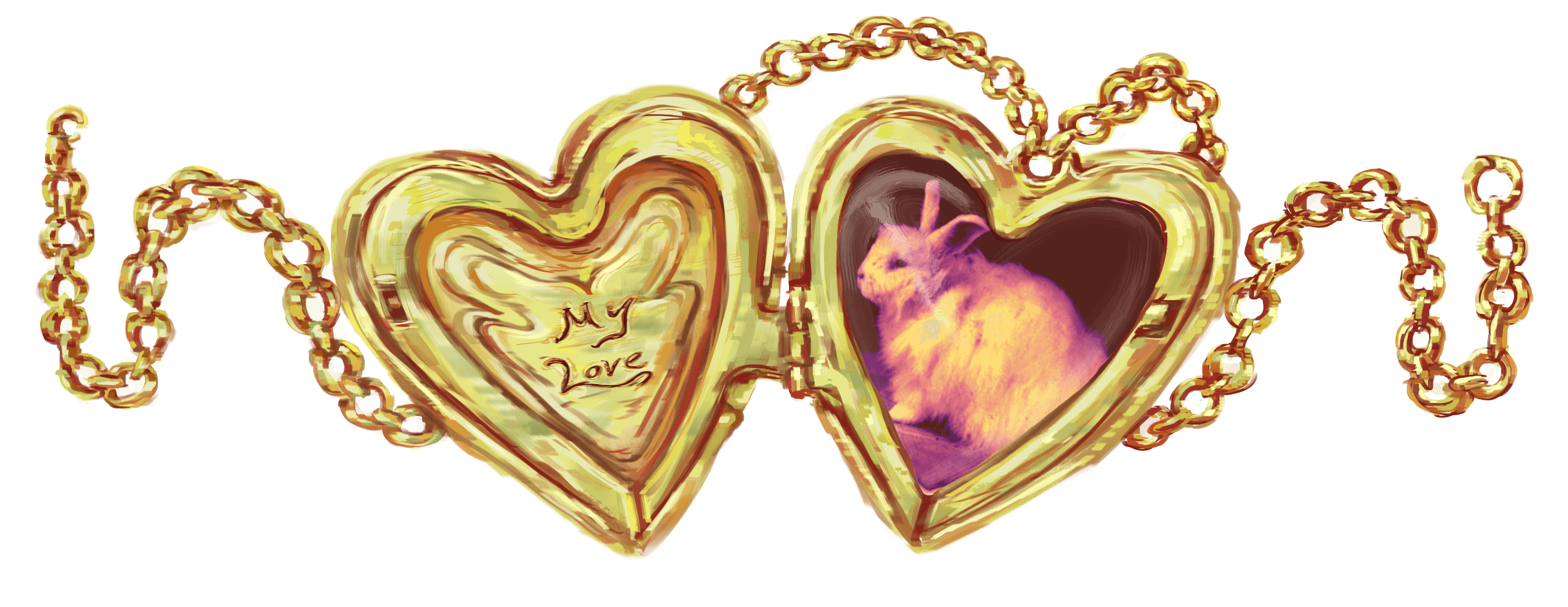 Timeskip border. Painting of a heart-shaped locket with a real photo of a pink rabbit inside. etchings inside the other face of the locket reads, 'my love;'
